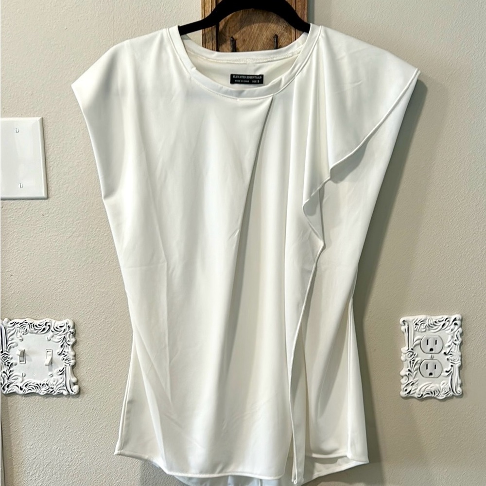 Women’s White Top Blouse Elegant Draped Size S